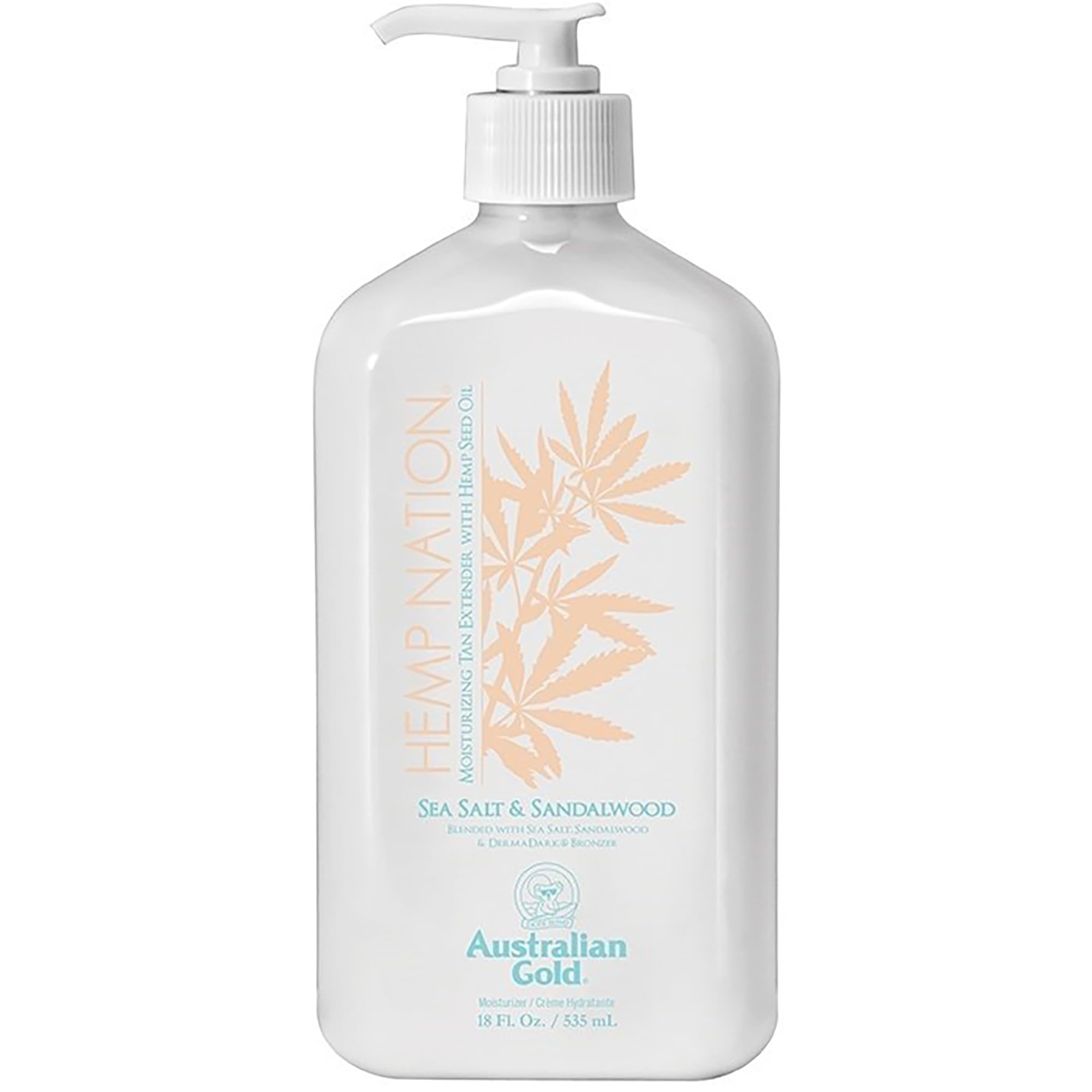 Australian Gold Hemp Nation sea salt sandalwood bottle highlights moisturizing tan extender.