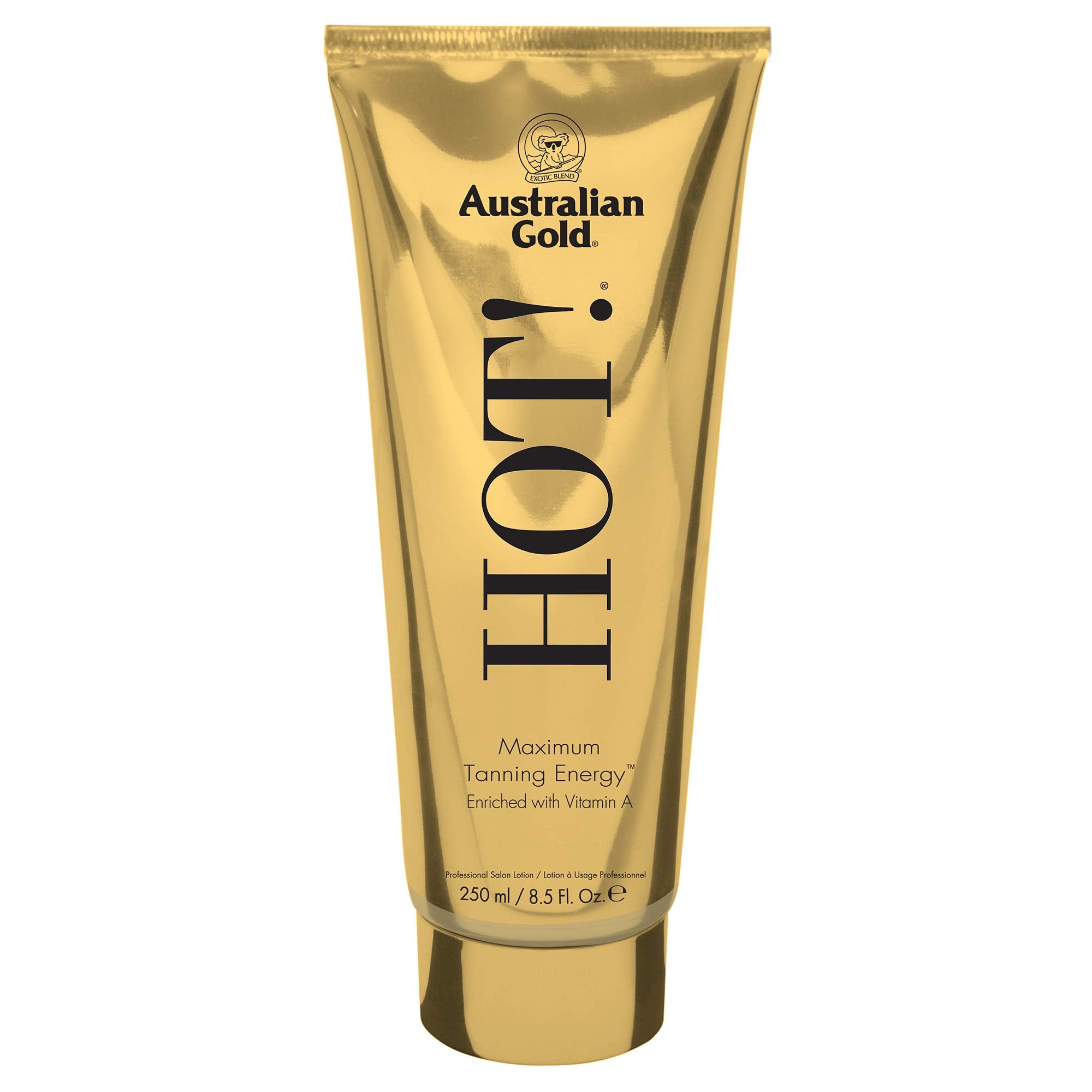 Australian Gold Hot! Tanning Lotion bottle showing moisture-rich formula for deeper color