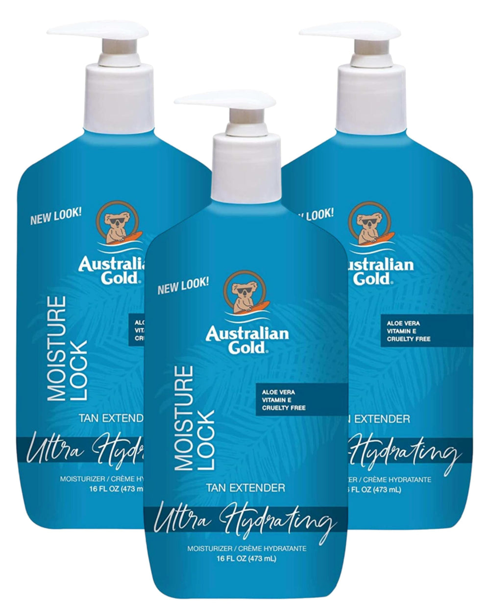 Australian Gold Moist Lock Tan Extender 3-pack bottle front shows moisture-lock appeal for longer tan