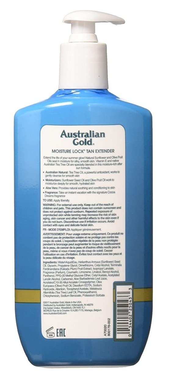 Australian Gold Moist Lock 3-pack pack-shot emphasizes tan protection by locking in moisture