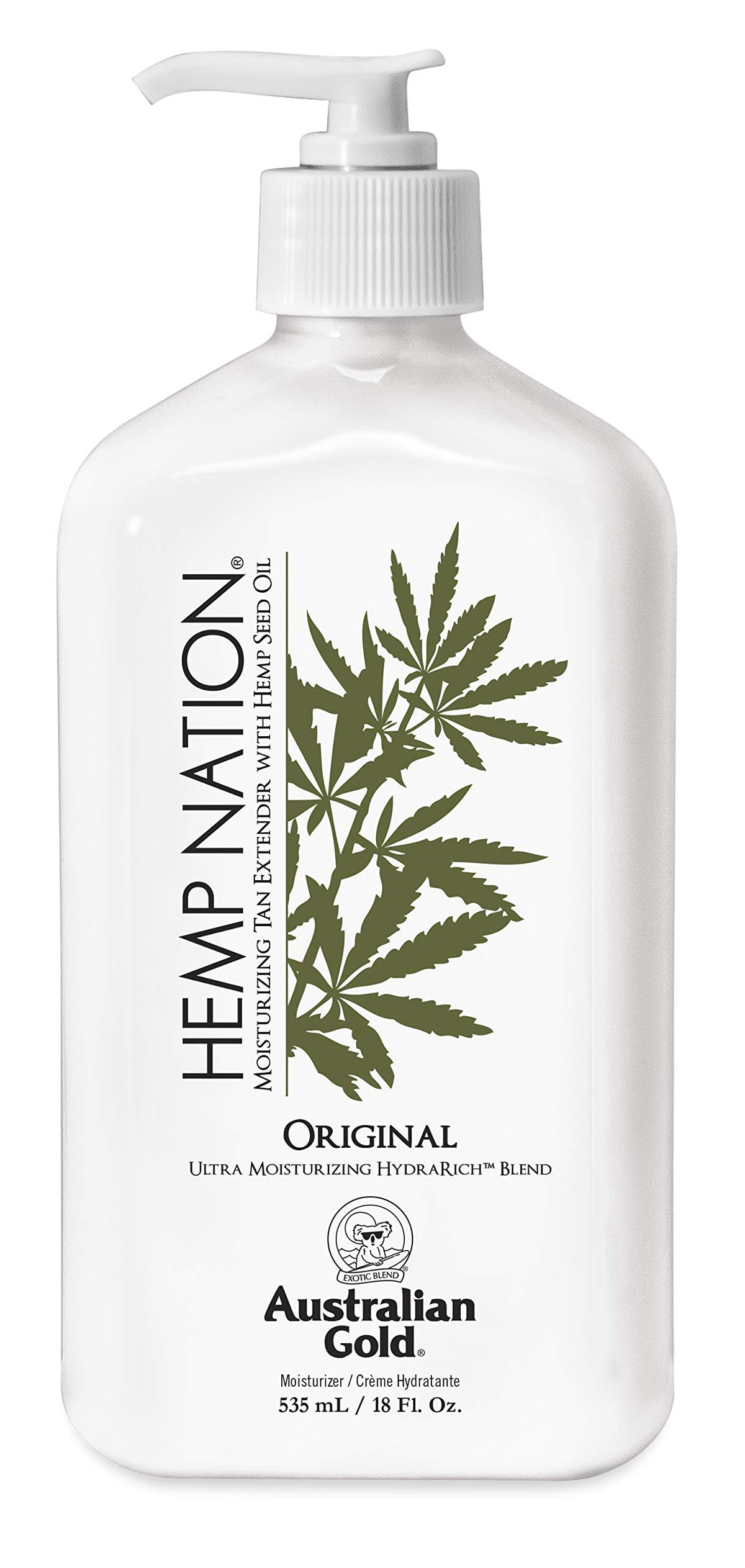 Australian Gold Original Hemp Nation tan extender bottle supports daily hydration and longer-lasting tan.