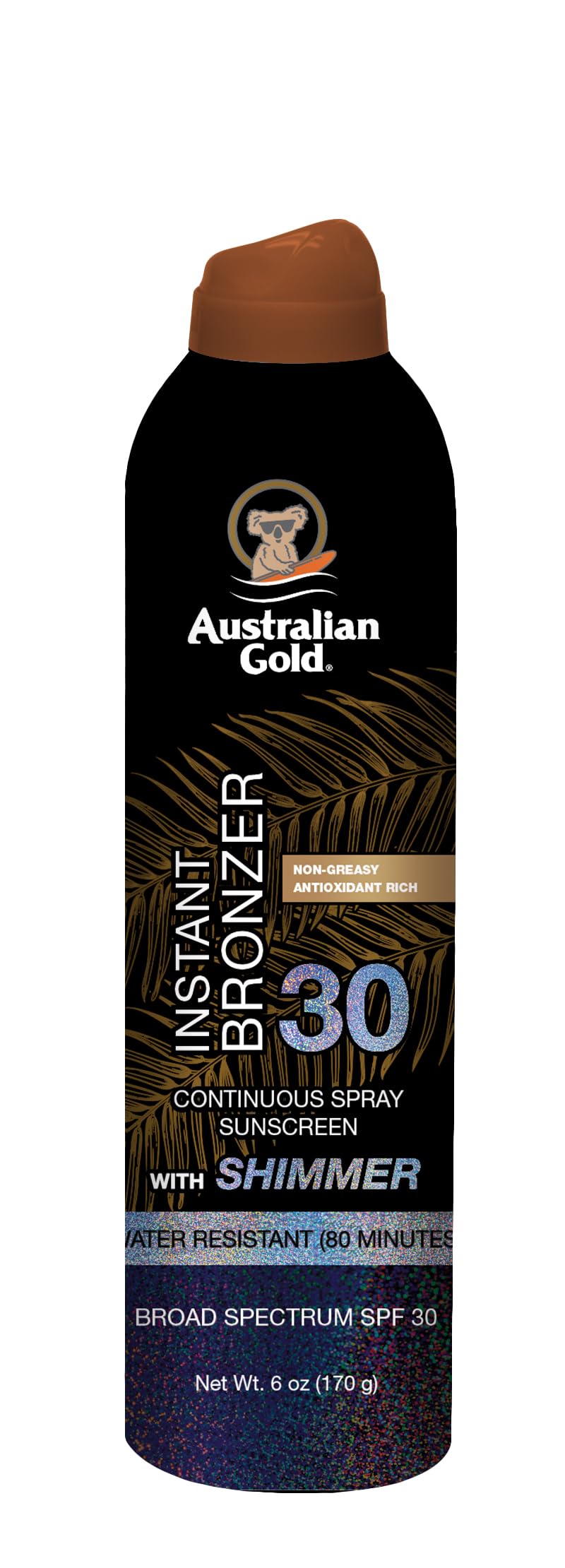Australian Gold SPF30 continuous spray bottle shows bronzer for sun-kissed glow outdoors