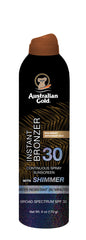 Australian Gold SPF30 continuous spray bottle shows bronzer for sun-kissed glow outdoors
