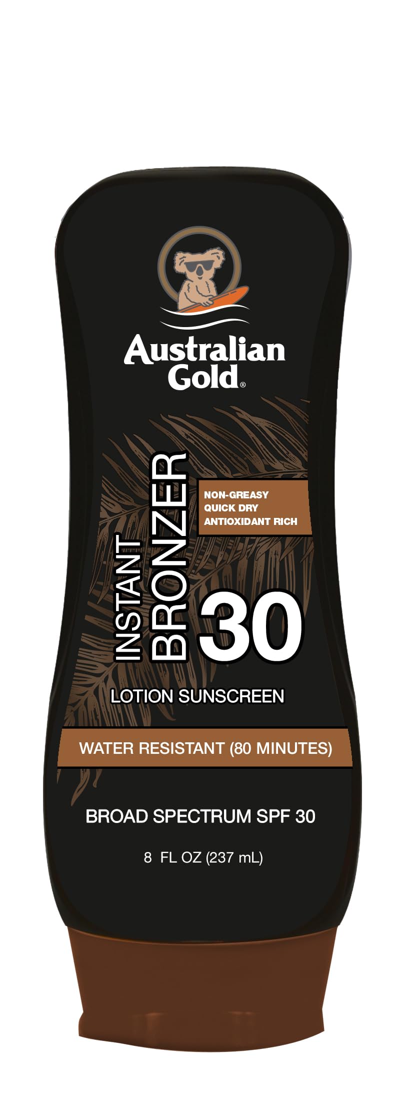 Australian Gold sunscreen instant bronzer bottle delivers a sun-kissed glow during application
