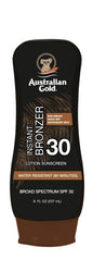 Australian Gold sunscreen instant bronzer bottle delivers a sun-kissed glow during application