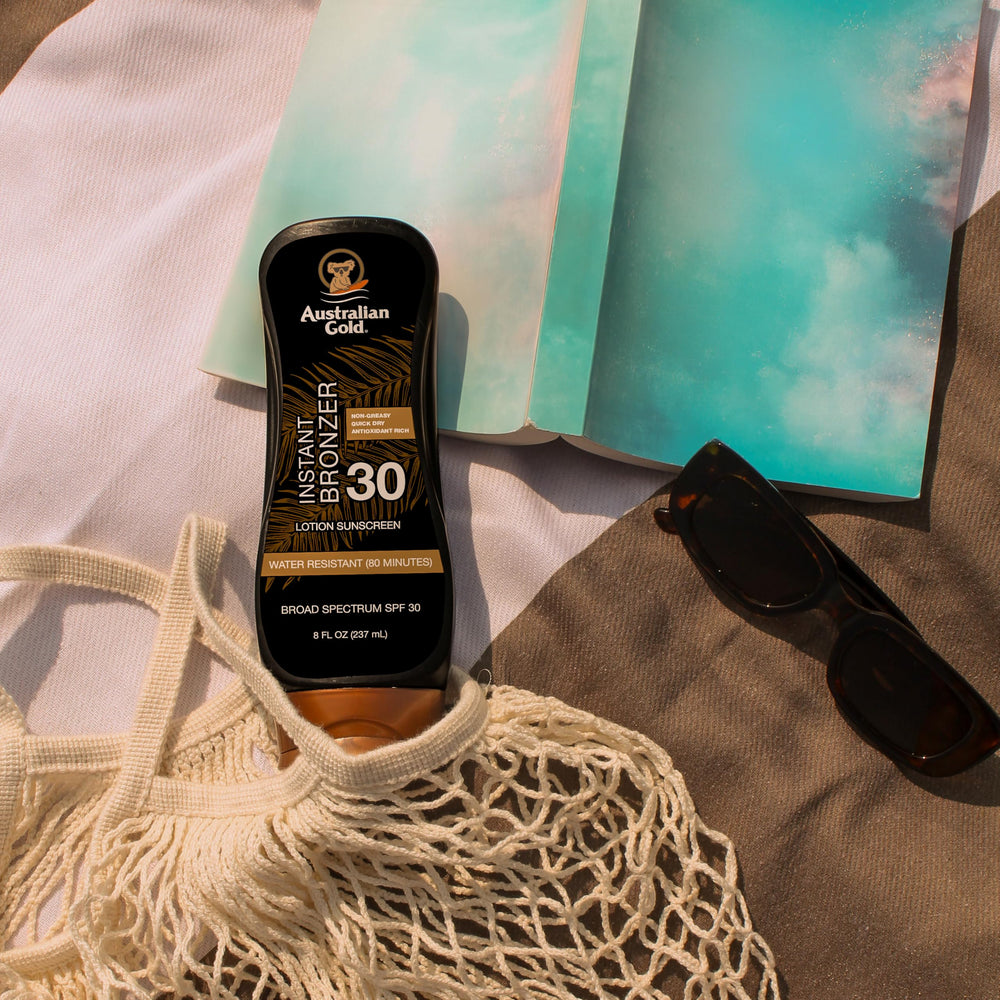 Australian Gold sunscreen water-resistant label highlights up to 80 minutes of protection in water