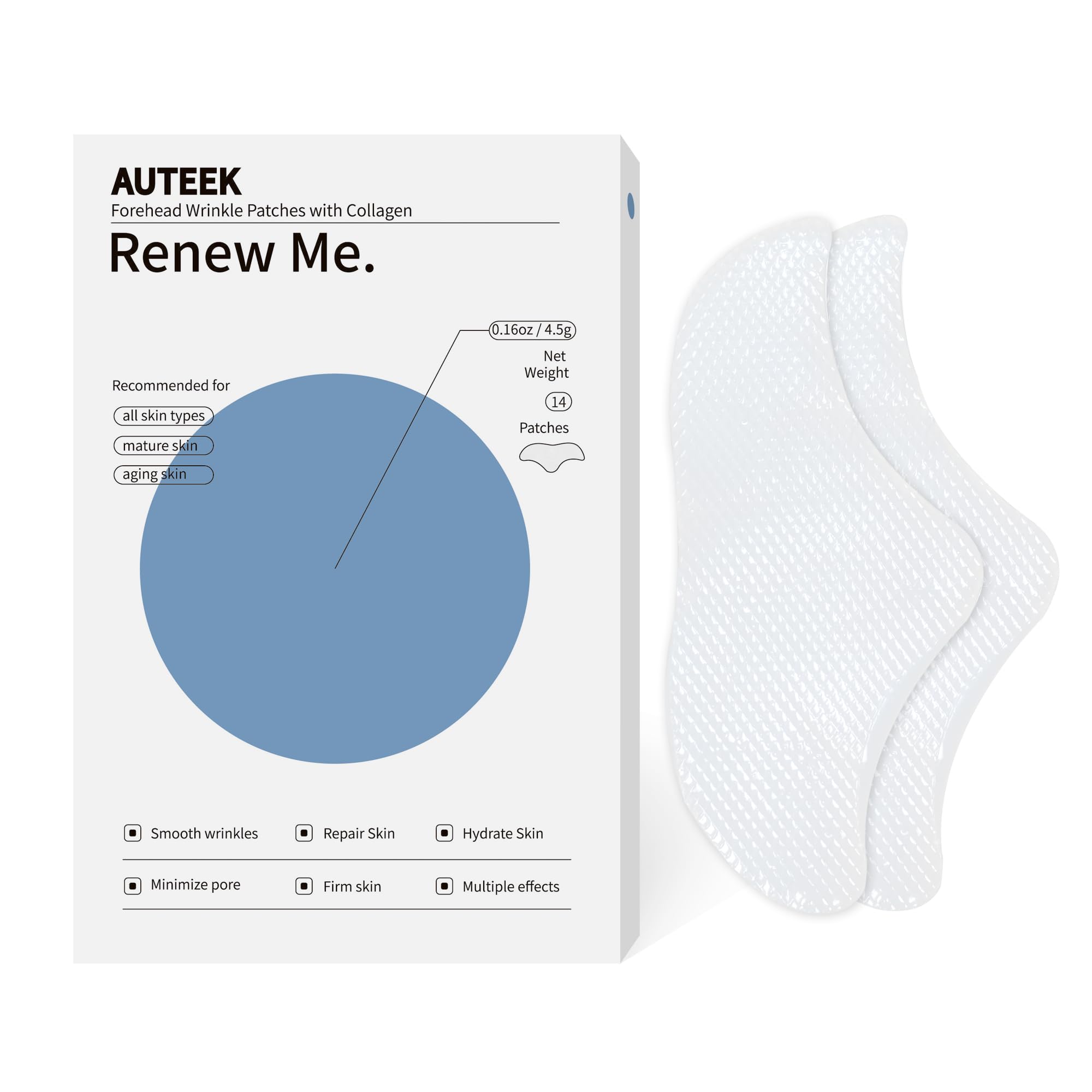 Auteek forehead patches packaging for 14-day overnight care routine.