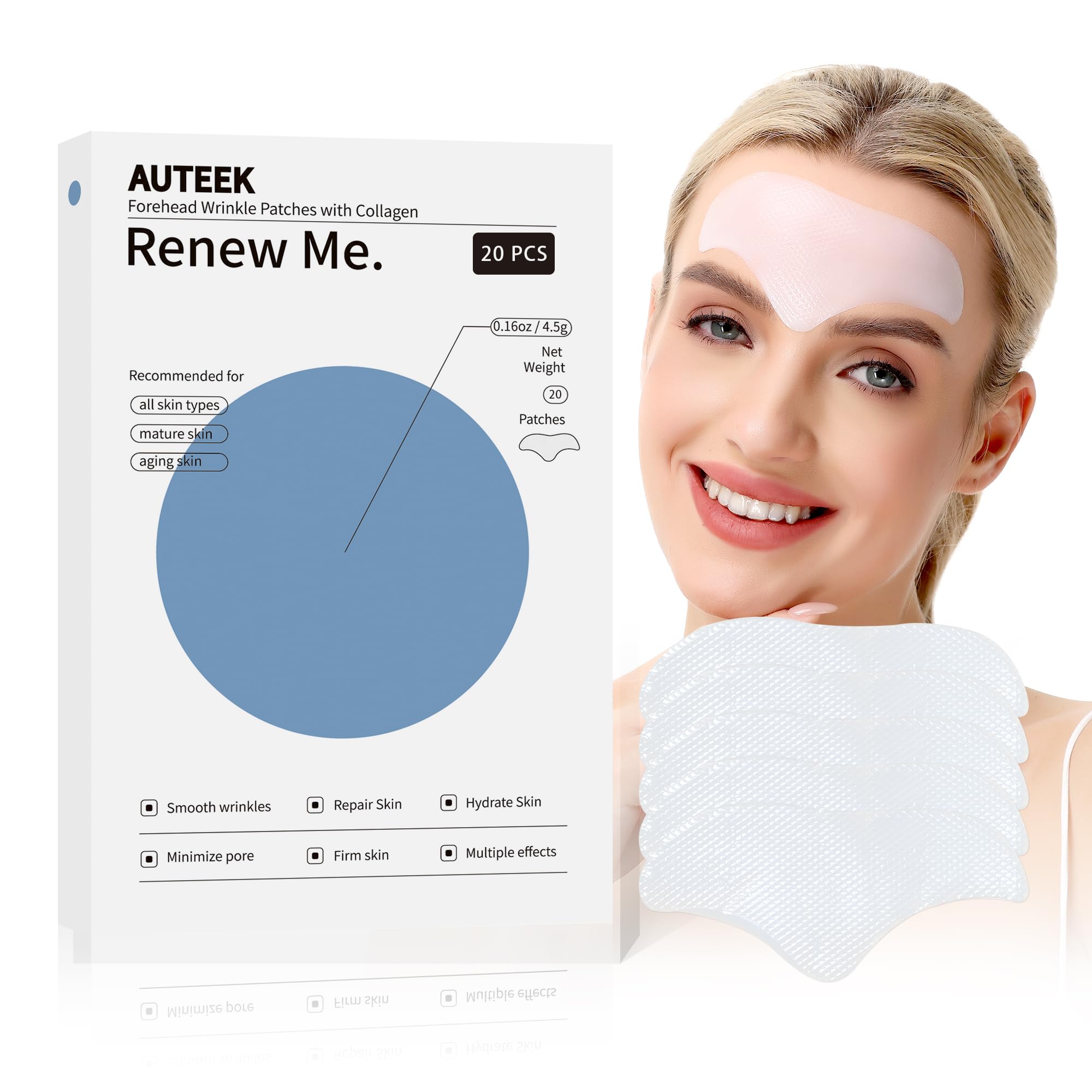 Auteek forehead wrinkle patches packaging highlights easy to use anti wrinkle solution.