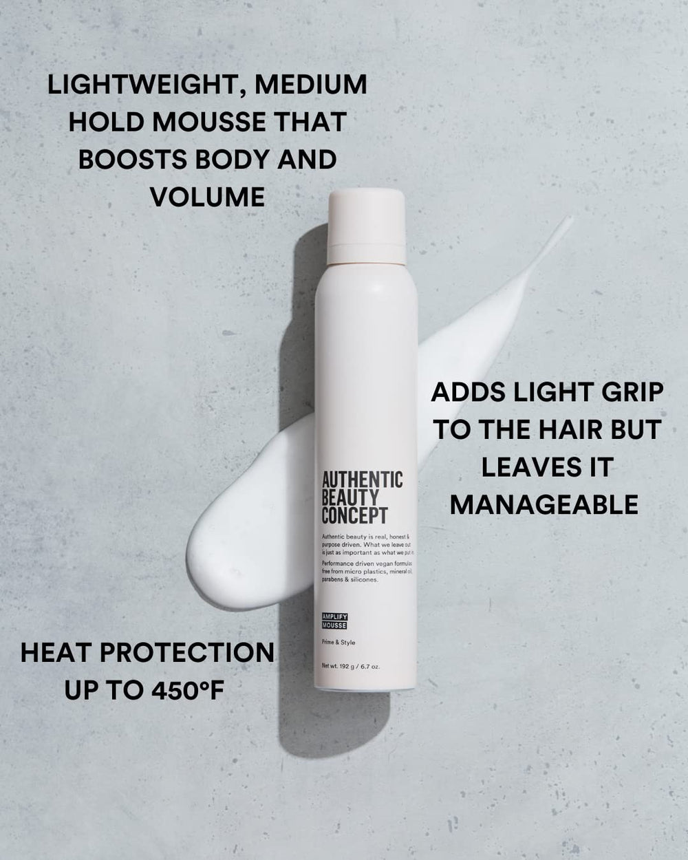 Authentic Beauty Concept Amplify Mousse being dispensed for even foam distribution.