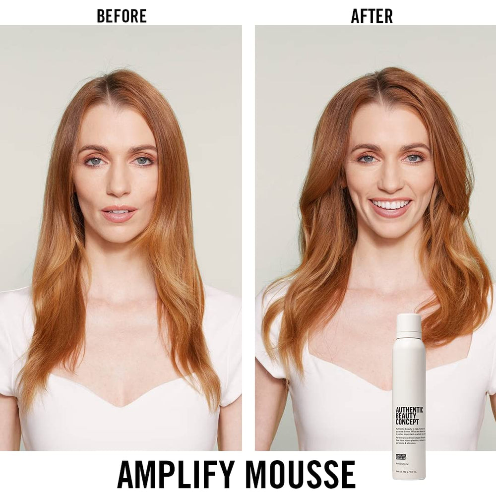 Authentic Beauty Concept Amplify Mousse applied during heat styling for protection up to 450°F.
