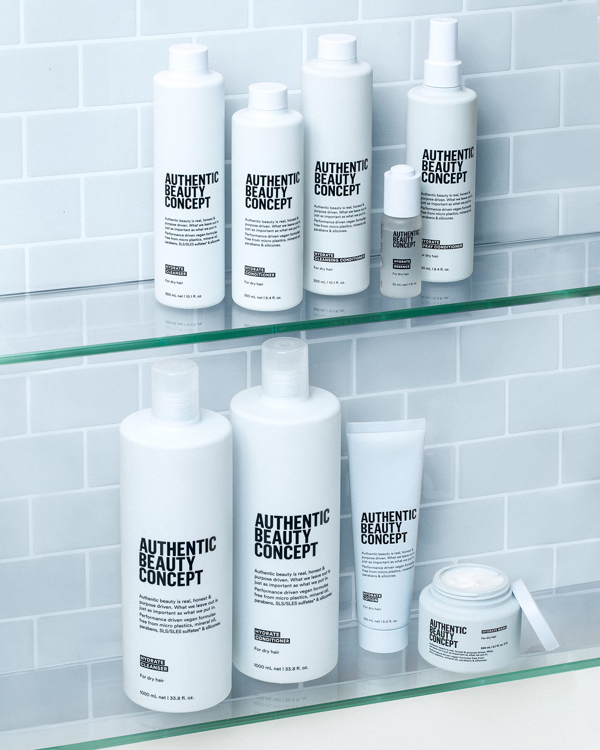 Authentic Beauty Concept Hydrate Conditioner bottle with no silicones highlights clean formula