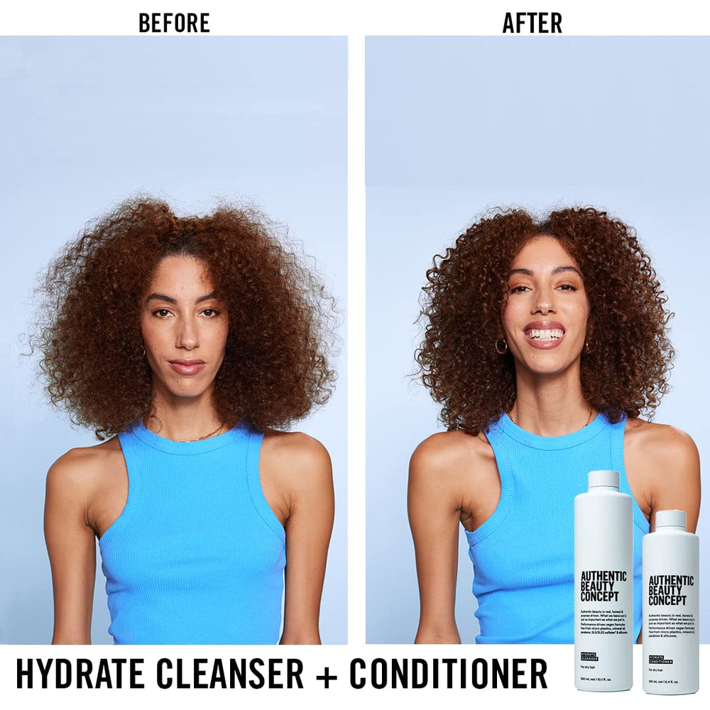 Authentic Beauty Concept Hydrate Conditioner label highlights vegan and cruelty-free ingredients