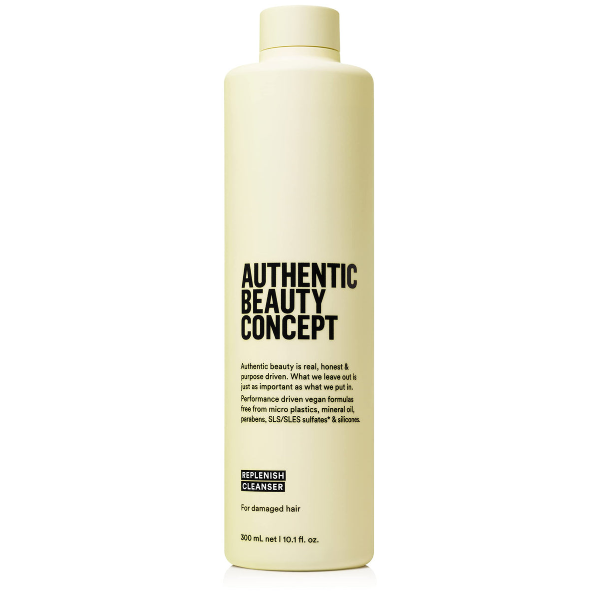 Authentic Beauty Concept Replenish Cleanser bottle closeup, providing nourishing cleansing.