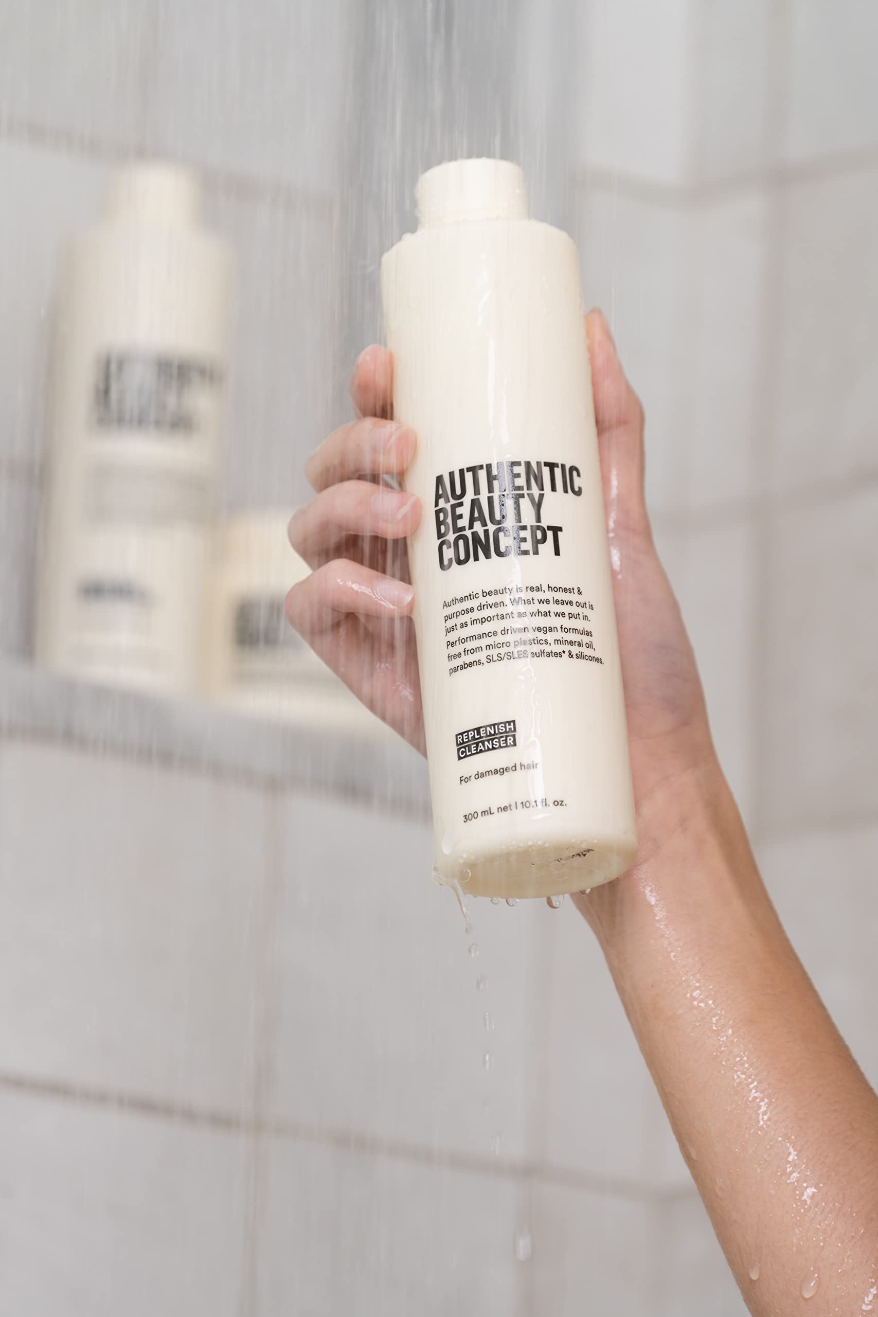 Authentic Beauty Concept Replenish Cleanser highlights silicone-free formula for lighter hair care.
