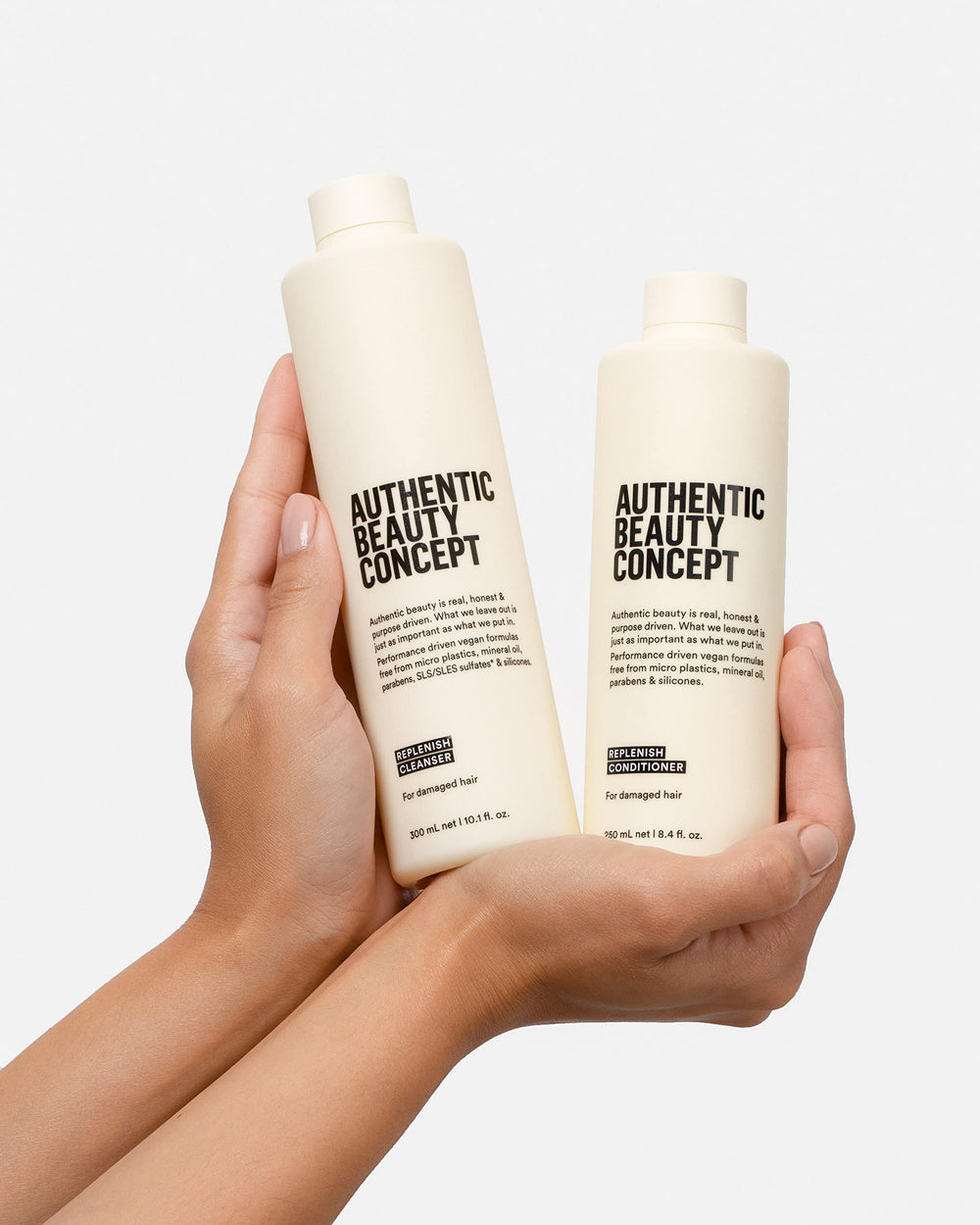 Authentic Beauty Concept Replenish Cleanser badge signals vegan and cruelty-free commitment.
