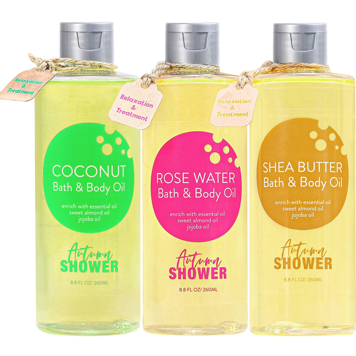 Autumn Shower bath oil set with three bottles for indulgent spa like baths