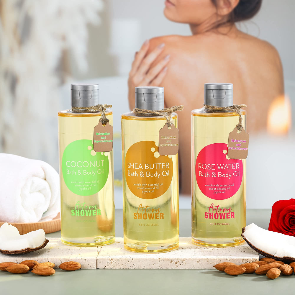 Autumn Shower coconut moisturizing bath oil provides deep skin hydration