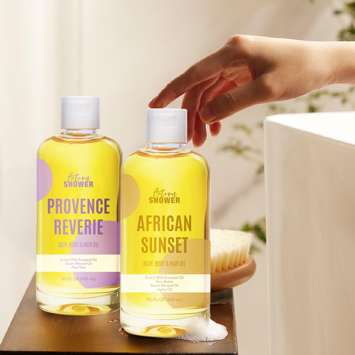 Autumn Shower bath oil set closeup highlights nourishing Shea Butter