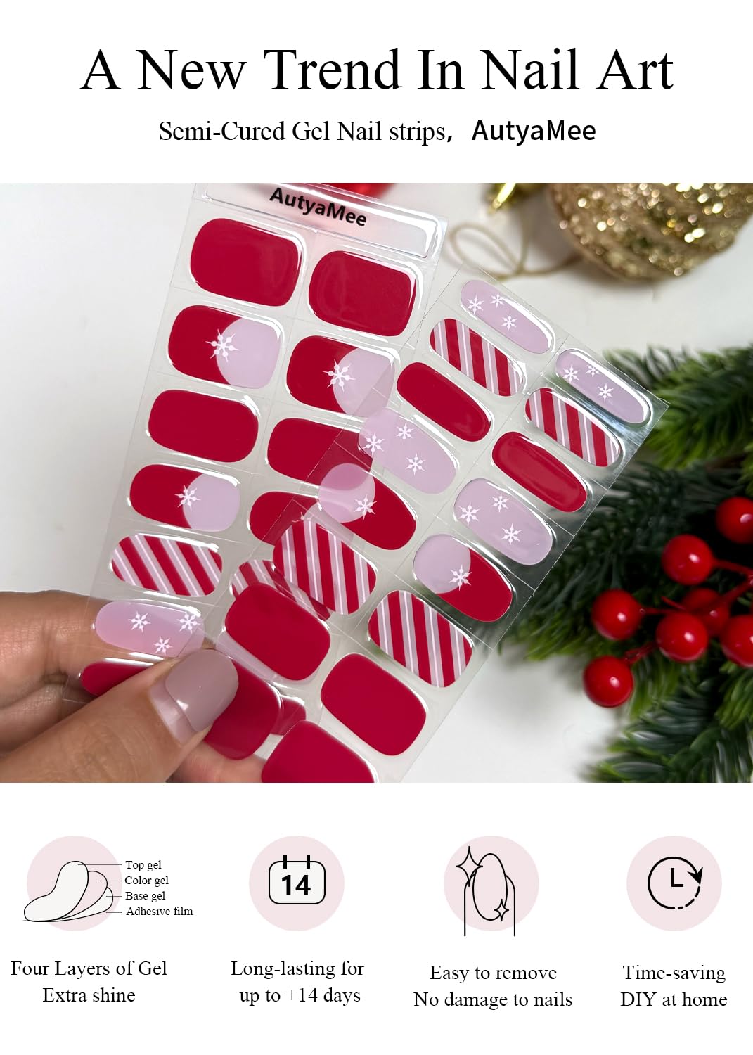 AutyaMee gel nail strips box includes prep pads and file for easy prep.