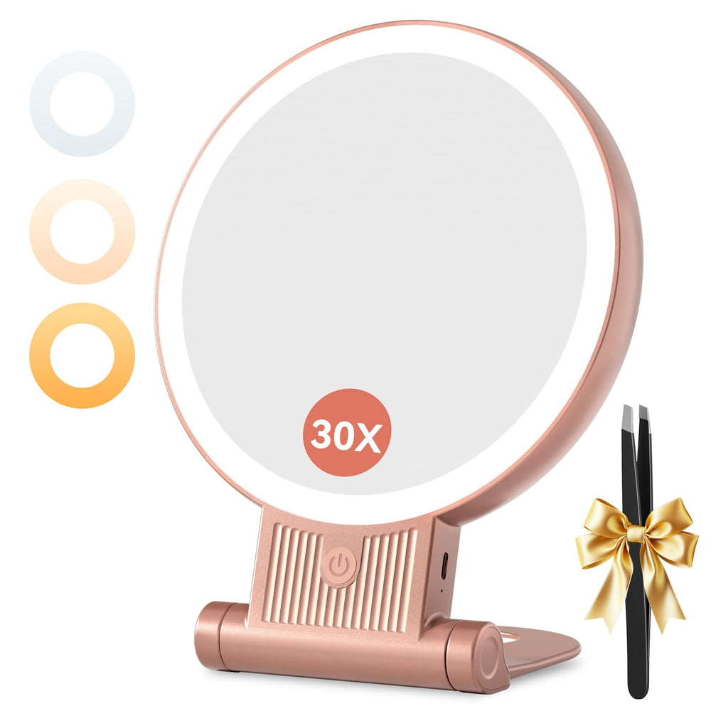Auxmir 1X/30X mirror with light, front view showing dual magnification for makeup accuracy