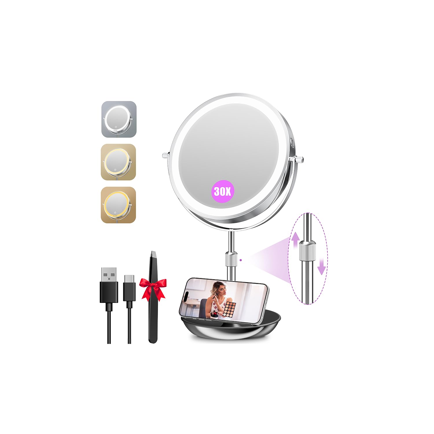 Auxmir 9inch makeup mirror shows 1x and 30x sides for everyday and close-up tasks