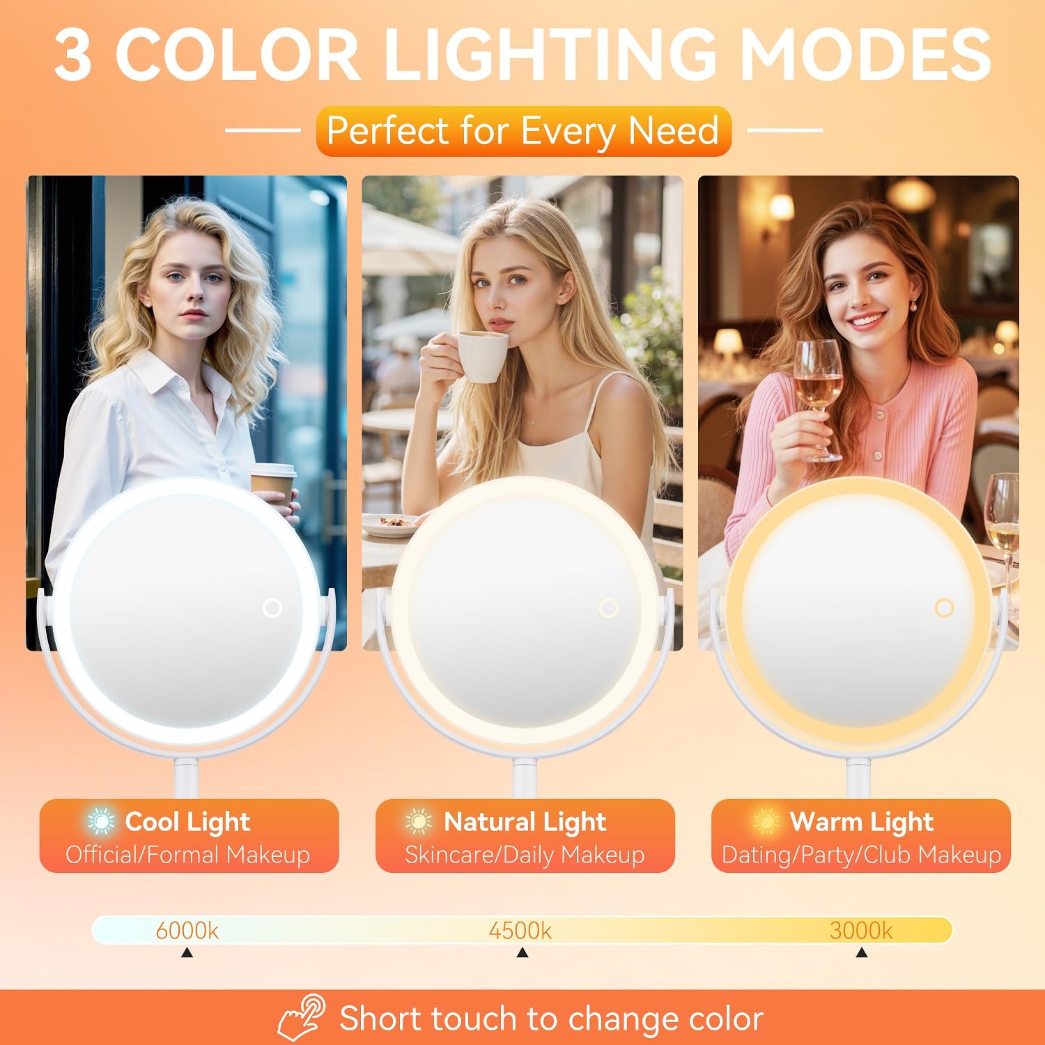 Auxmir makeup mirror rotates 360 degrees for viewing from every angle.