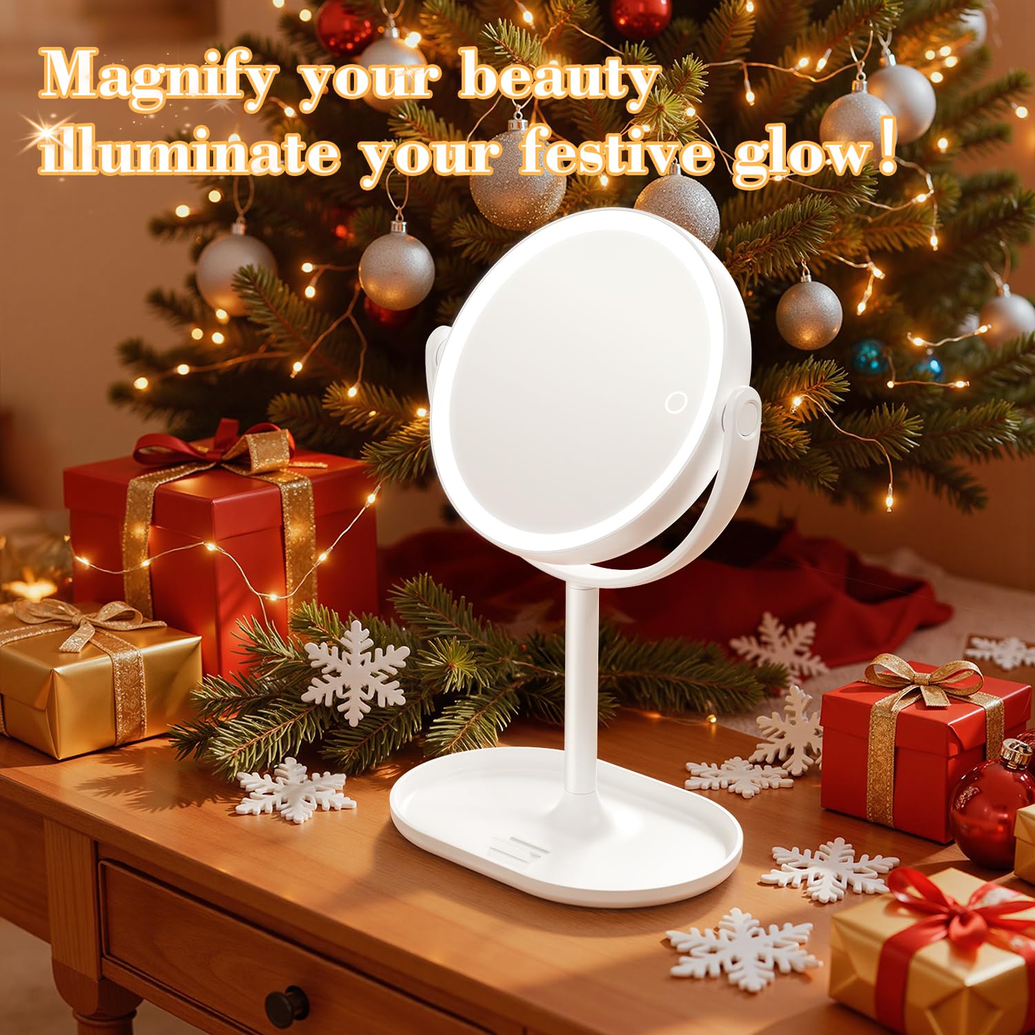 Auxmir makeup mirror features independent brightness controls on both sides for customization.