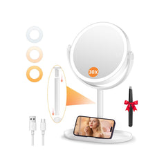 Auxmir makeup mirror with lights shows dual 1X and 30X sides for precise makeup application.
