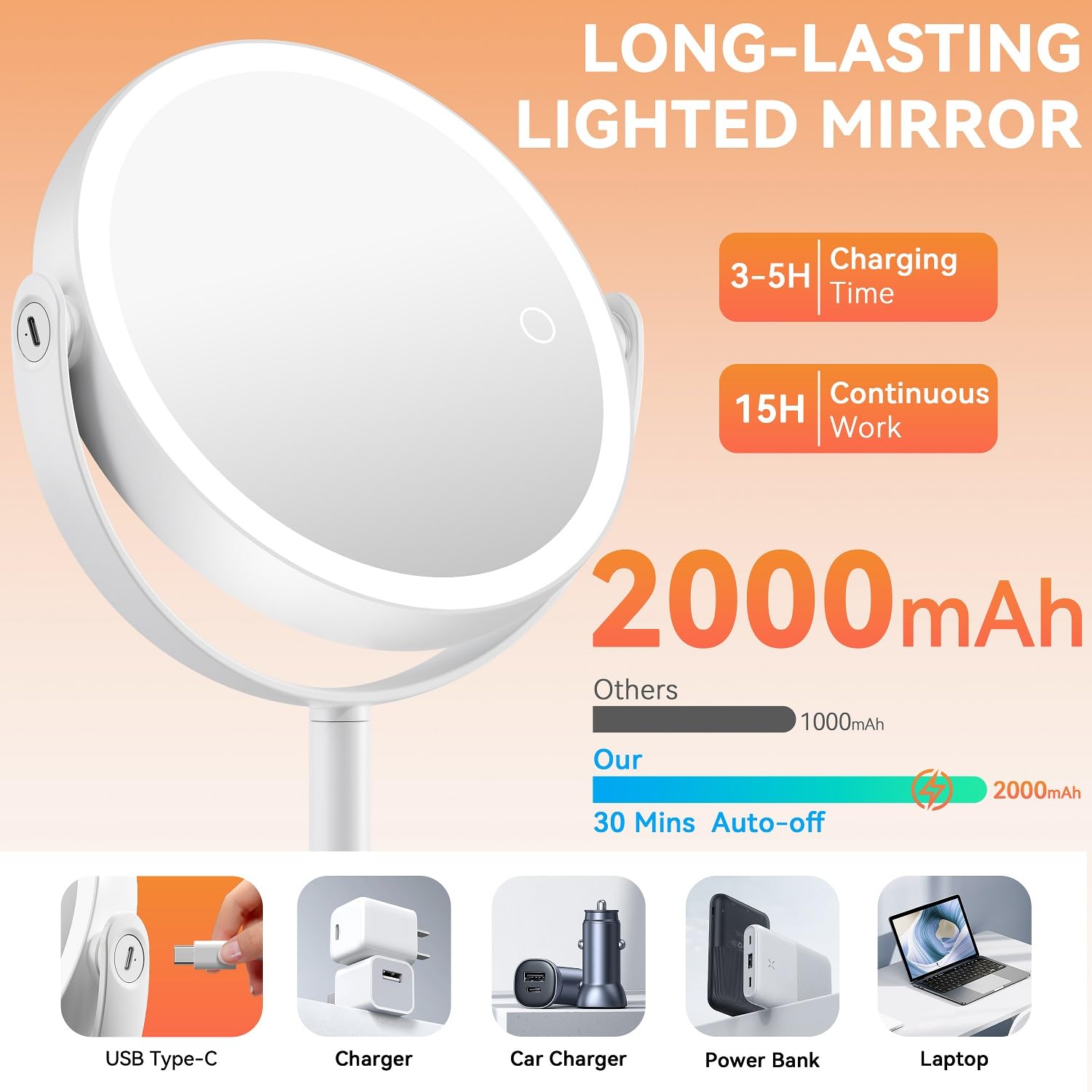Auxmir portable mirror with a 2,000 mAh battery supports flexible setups.