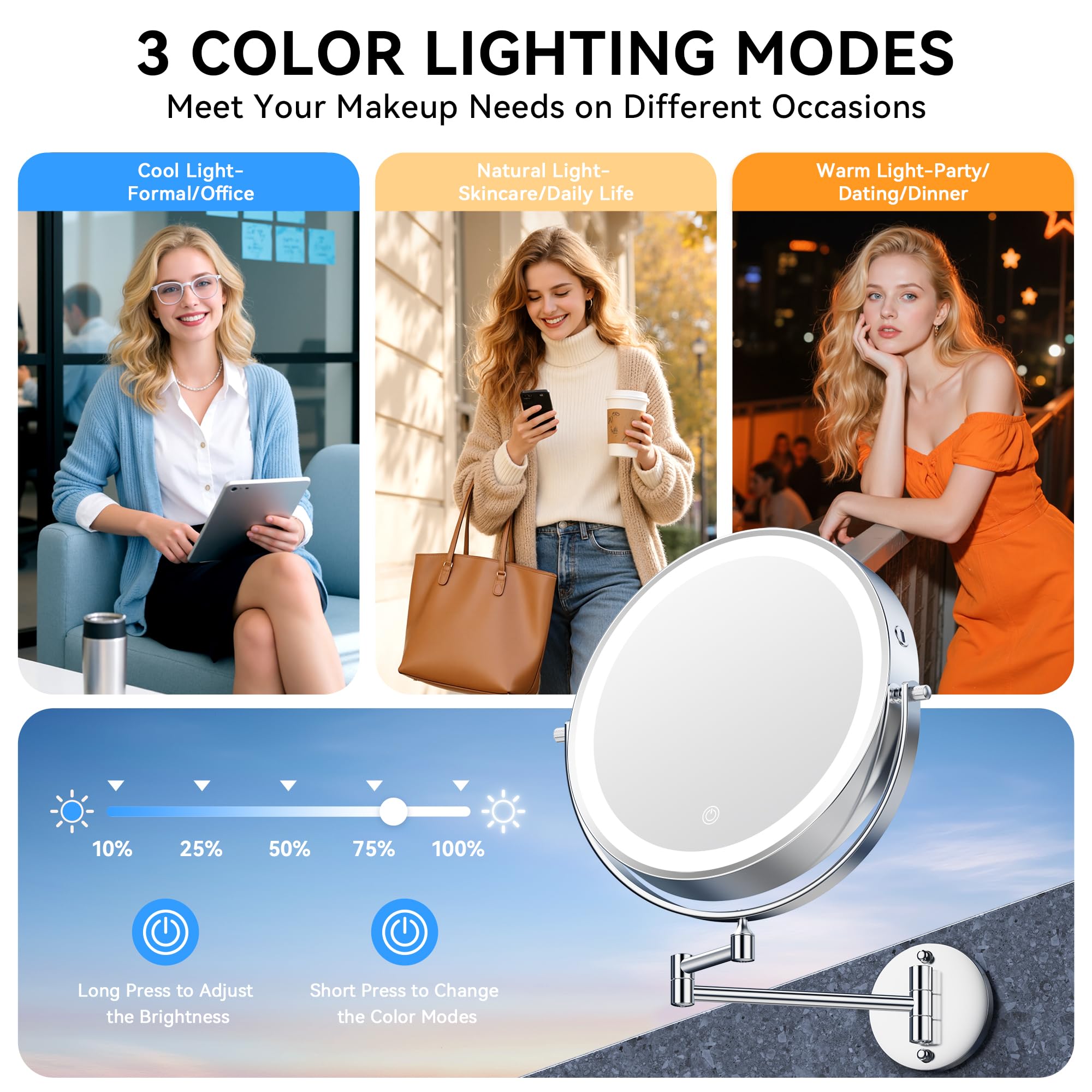 Auxmir three lighting modes with dimming promote natural-looking makeup under any light.