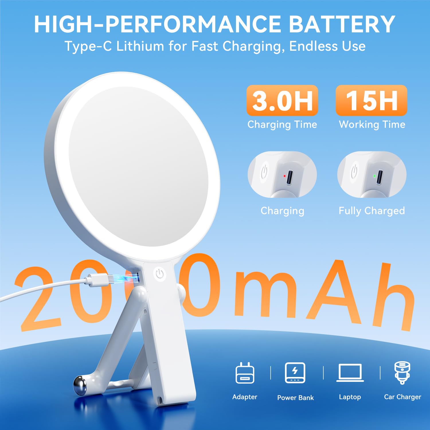 Auxmir travel mirror includes a 2000mAh rechargeable battery for cordless use.