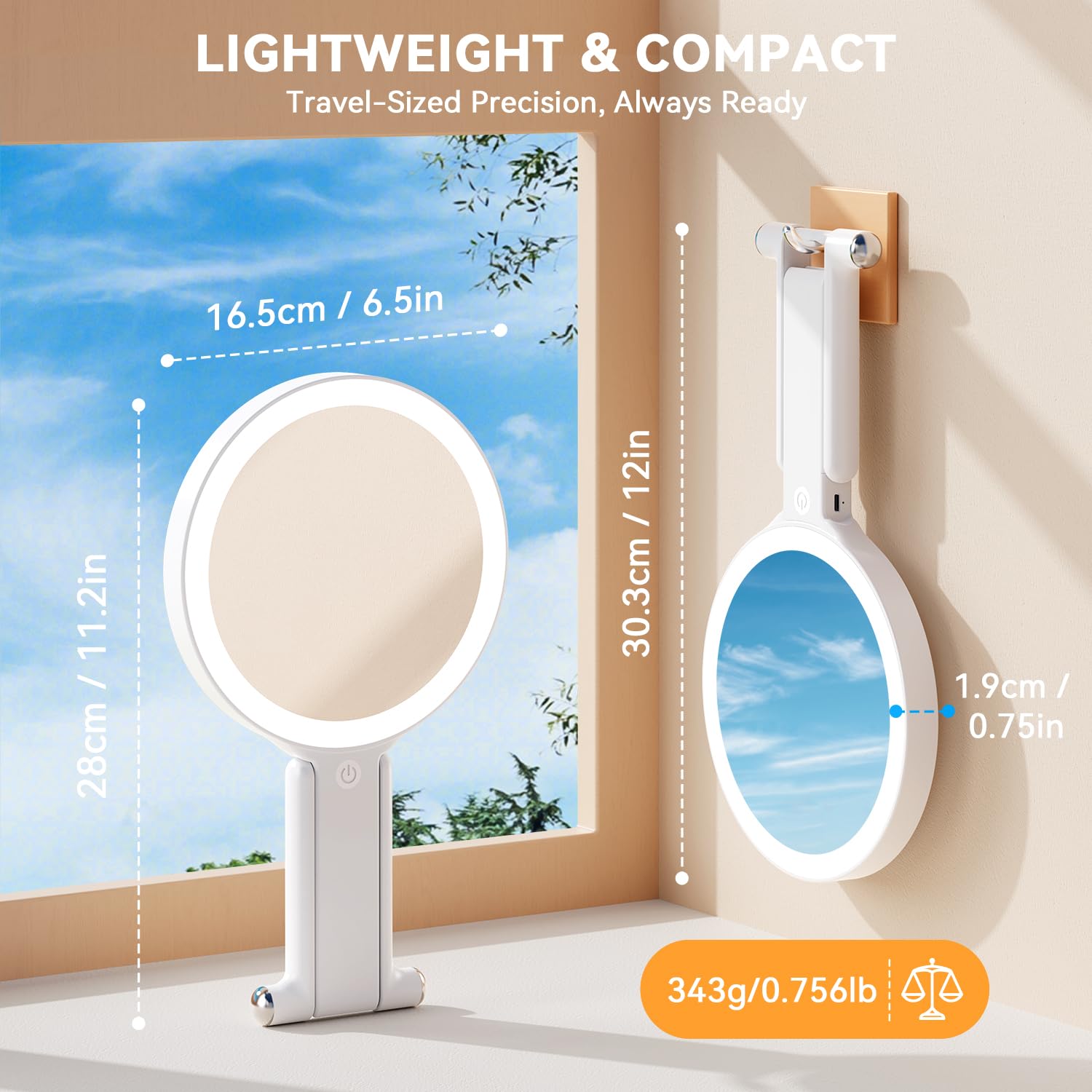 Auxmir mirror 3-in-1 design for table, handheld, or hanging use.