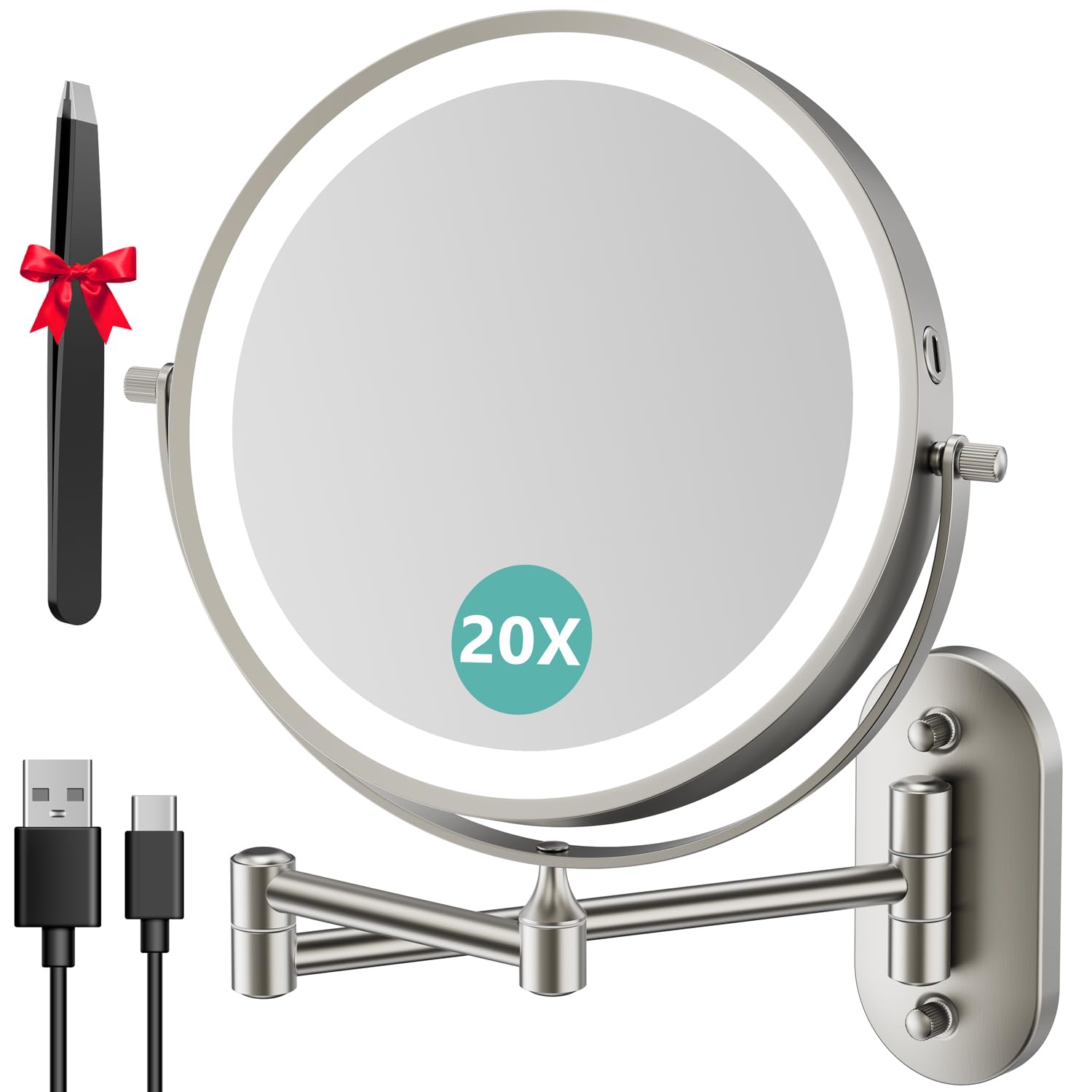 Auxmir 8-inch dual-sided mirror shows 1x/20x magnification for precise makeup