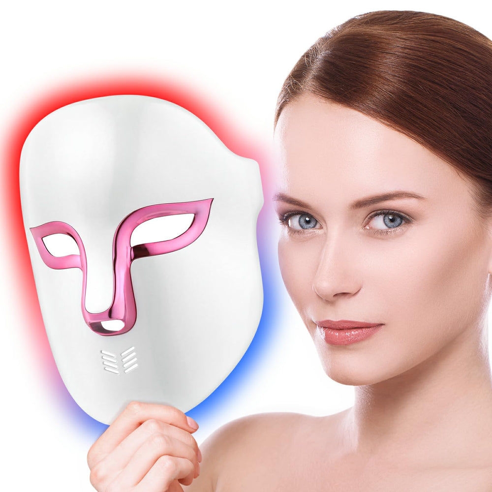 Auxoliev LED face mask front view for at-home light therapy sessions targeting wrinkles and acne.