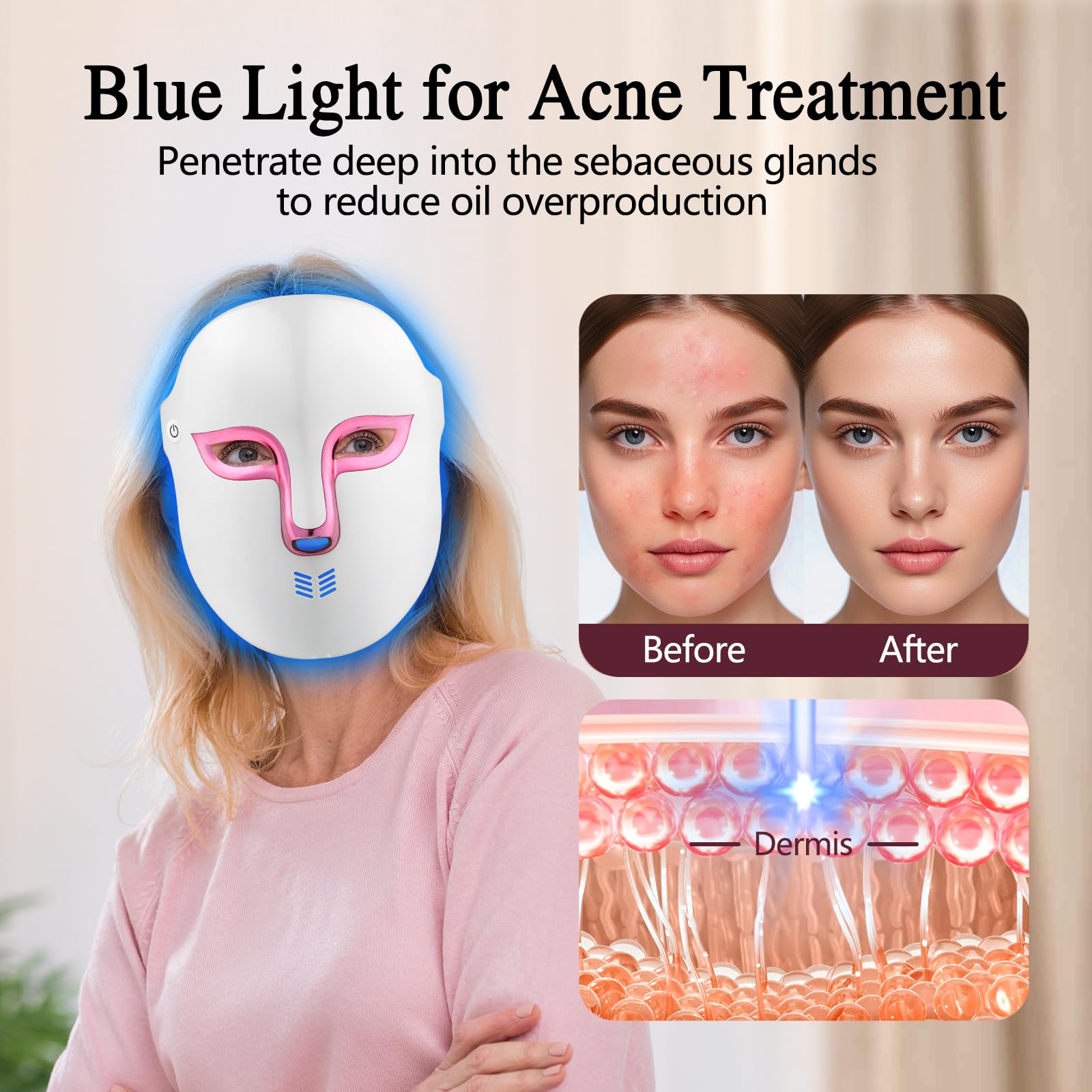 Auxoliev LED mask pink/infrared light mode for balanced skin conditioning at home.