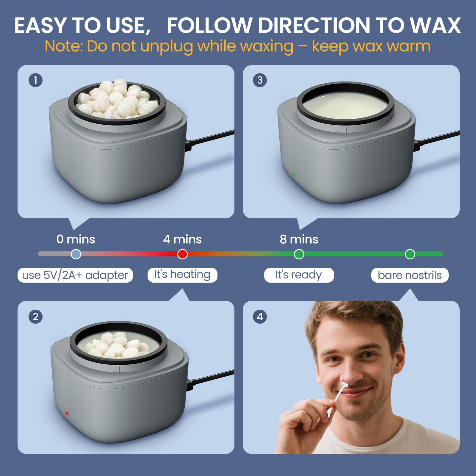 AUZEAL Nose Wax Kit USB fast heat enables quick melting.