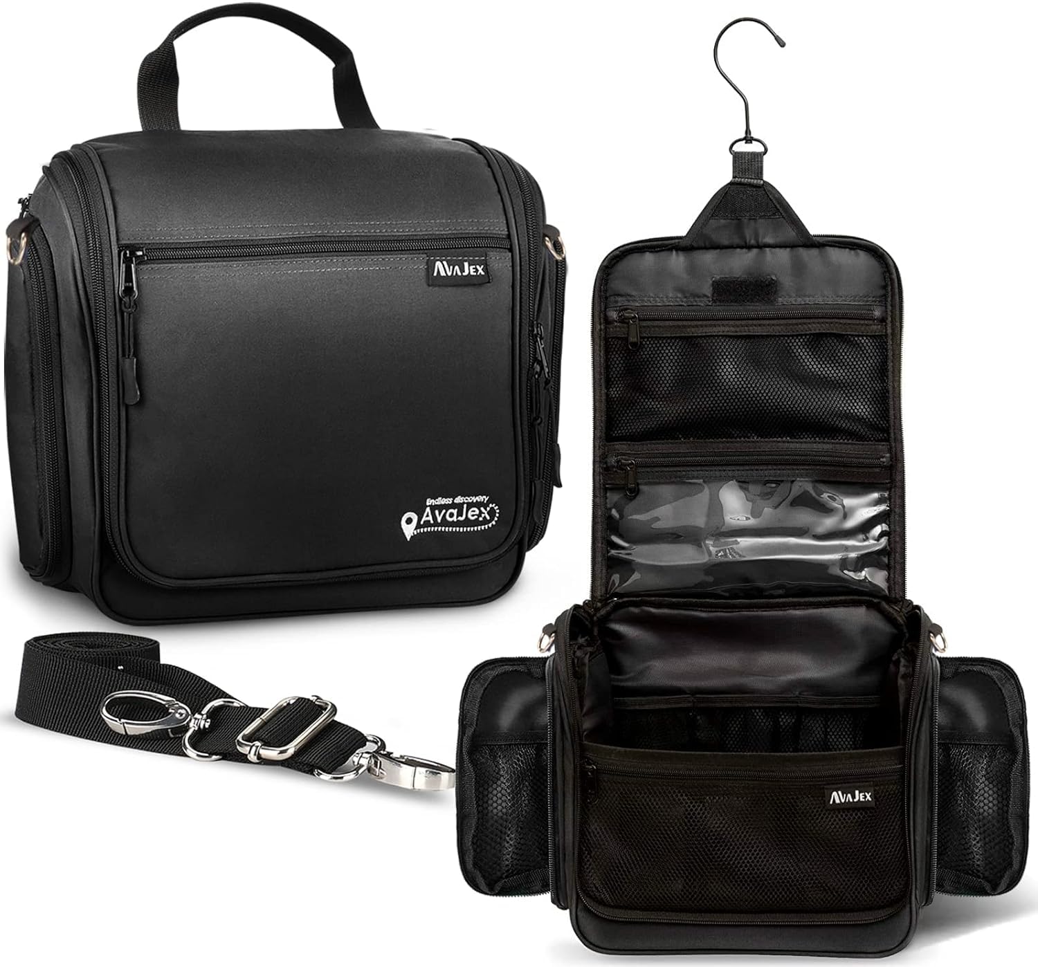 AvaJex hanging travel toiletry bag full view shows spacious storage for organized toiletries on trips.