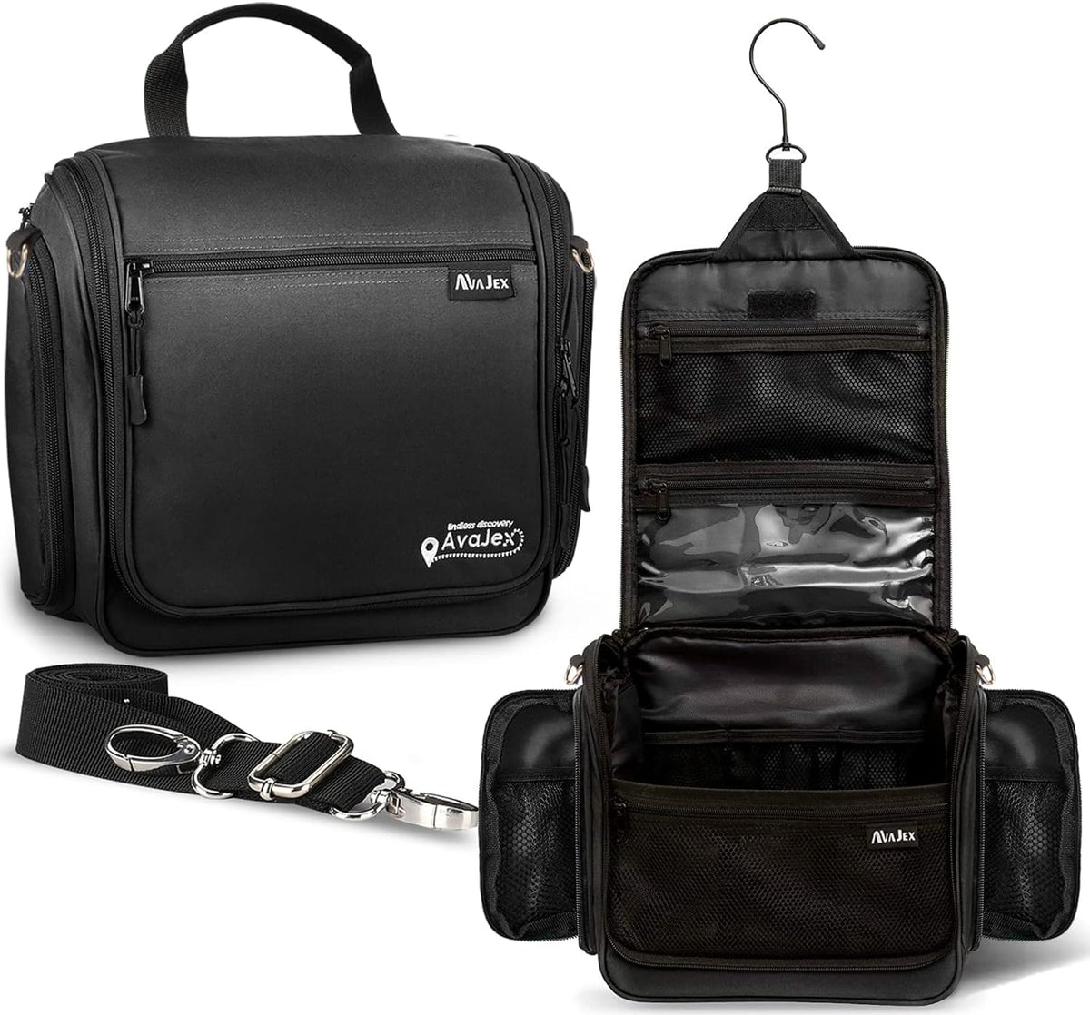 AvaJex hanging travel toiletry bag full view shows spacious storage for organized toiletries on trips.