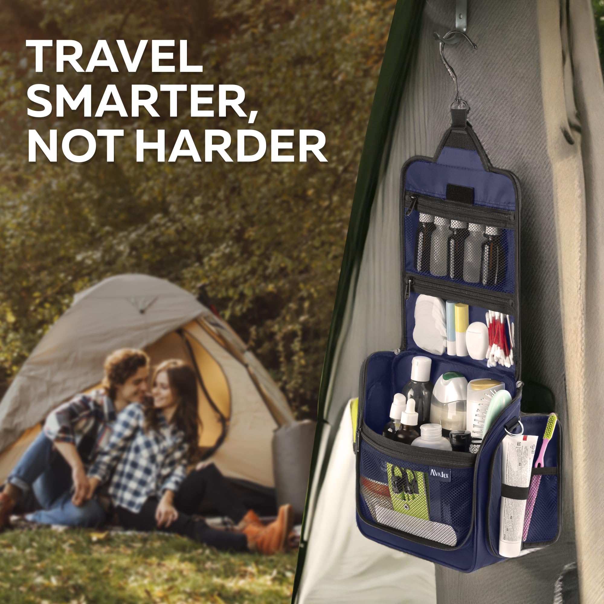AvaJex travel essentials grooming bag in-use for organized packing