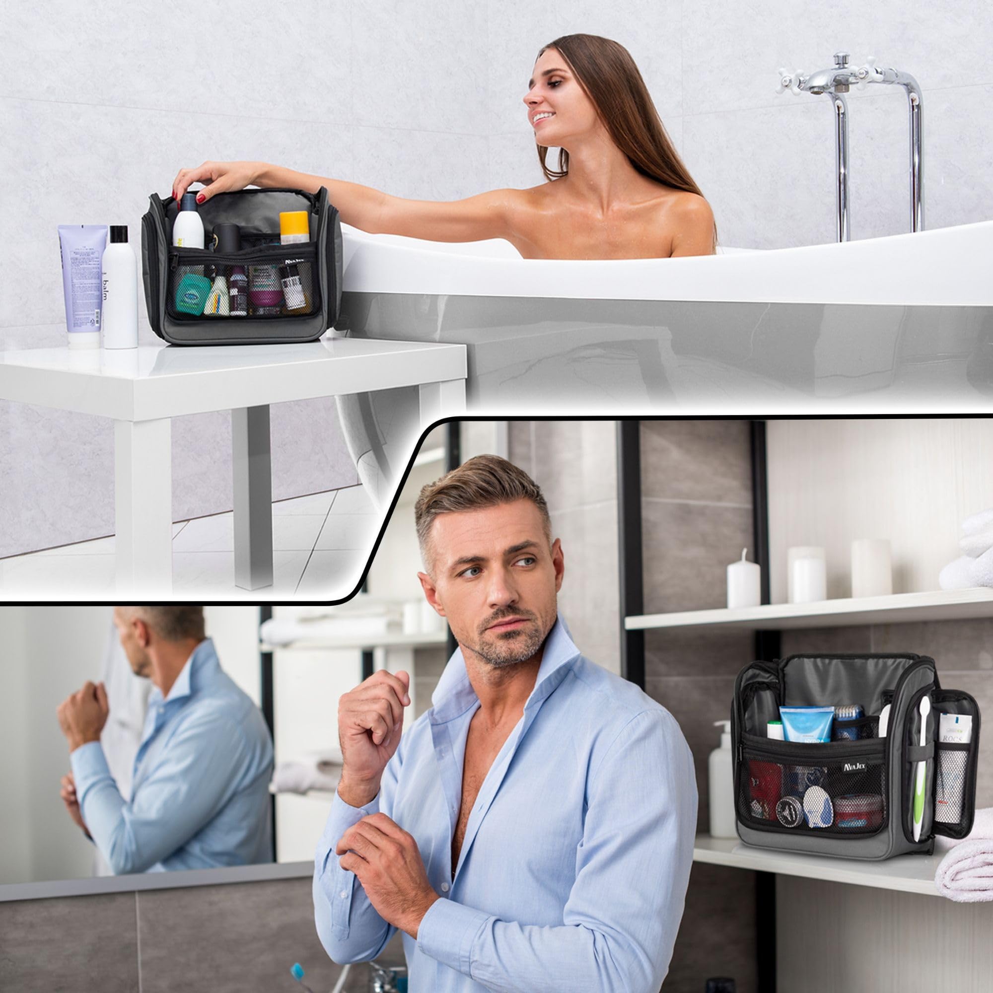 AvaJex bag opened to reveal 19 compartments for organized toiletries