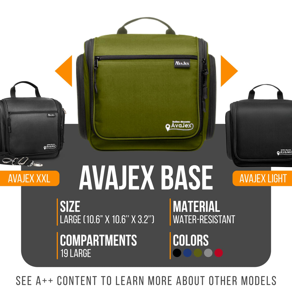 AvaJex travel toiletry bag with 19 compartments for organized essentials.