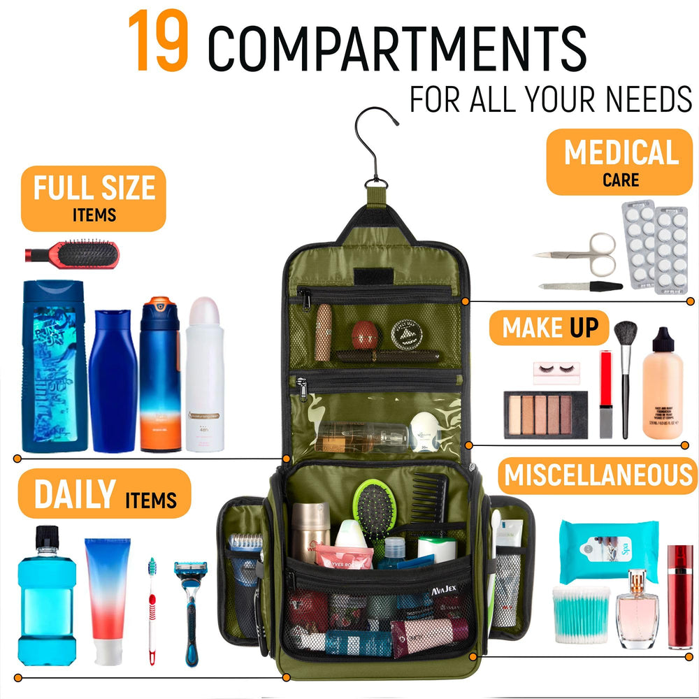 AvaJex carry-on size toiletry bag fits easily in luggage or overhead bins.