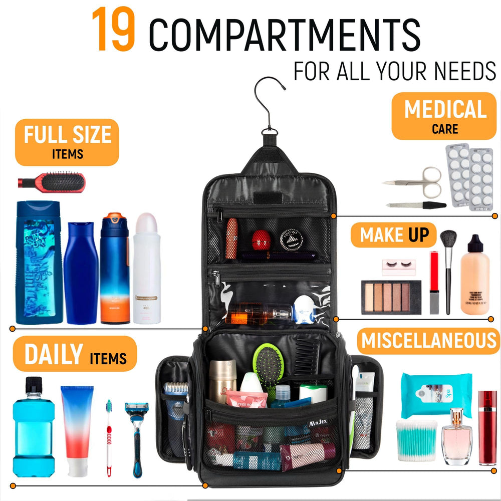 AvaJex bag fits full-size bottles and grooming essentials.