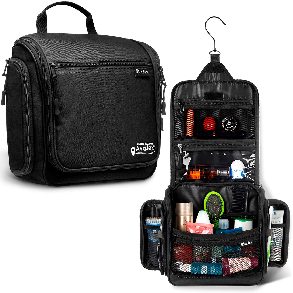 AvaJex travel toiletry bag with hanging hook for easy access on the go.