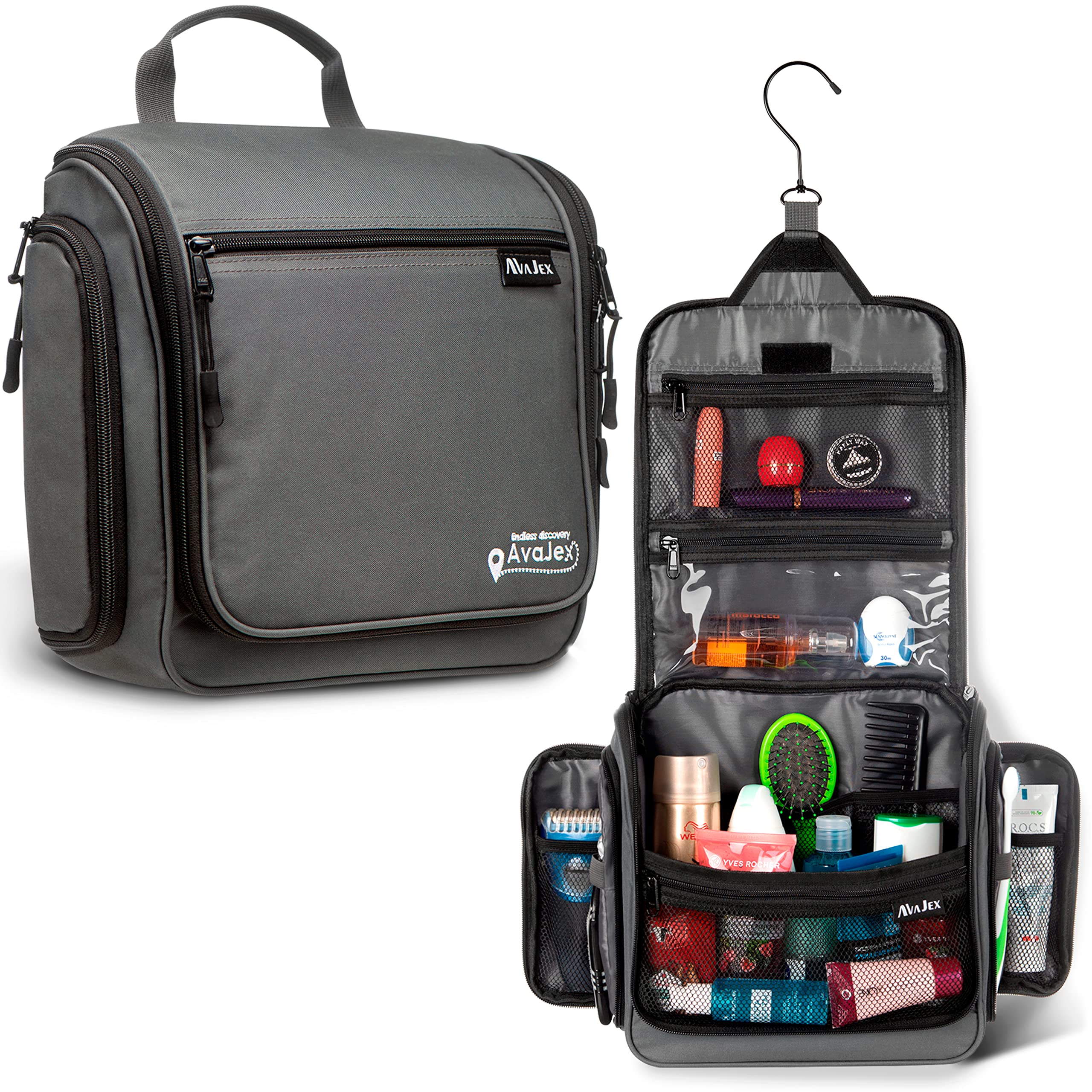 AvaJex travel toiletry bag with large hanging hook for quick access during trips