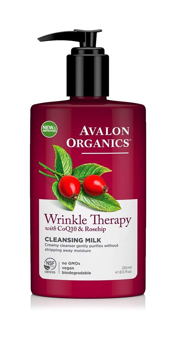 Avalon Organics CoQ10 Wrinkle Therapy cleanser bottle for gentle cleansing and hydrated, renewed skin.