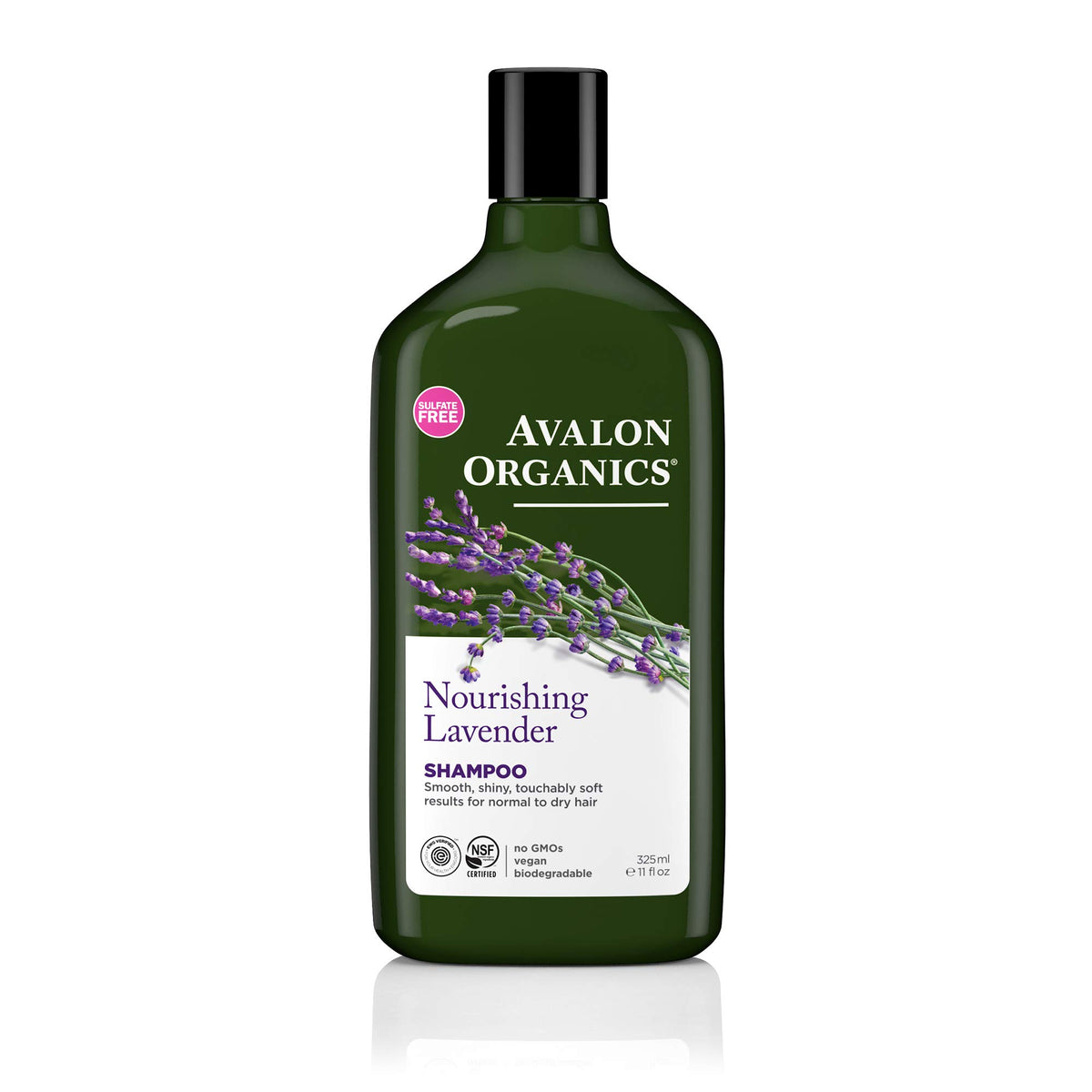 Avalon Organics Nourishing Lavender Shampoo bottle showing organic formula for moisturized hair.