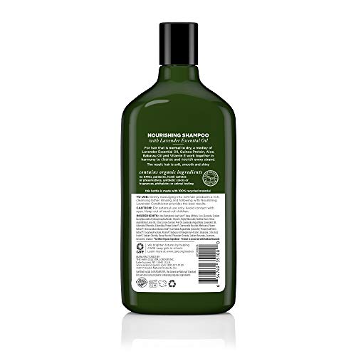 Avalon Organics Lavender Shampoo label closeup with organic and vegan certification details.