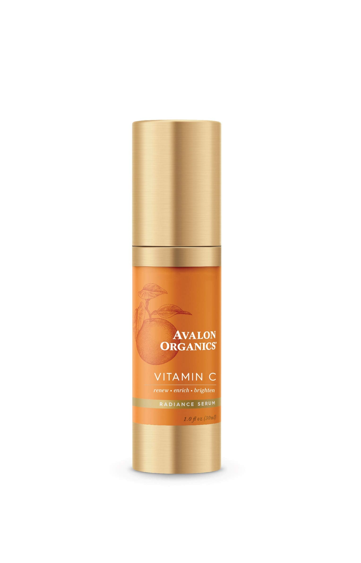 Avalon Organics Radiance Serum Vitamin C bottle highlights brightening with antioxidants.