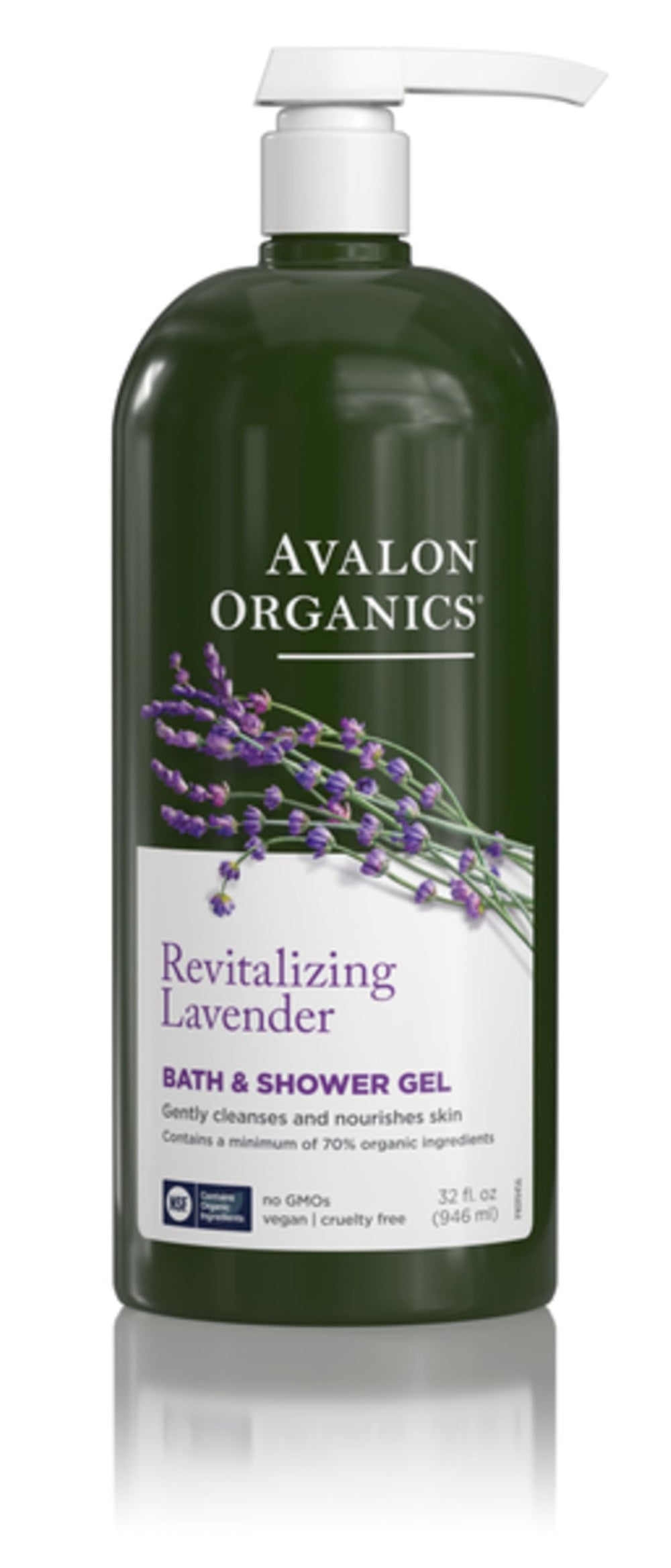 Avalon Organics Revitalizing Lavender bottle, calming shower experience with lavender scent.